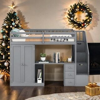 Contemporary Twin Size Loft Bed with Wardrobe and Staircase, Desk and Storage Drawers and Cabinet in 1, Maximized Space, Gray