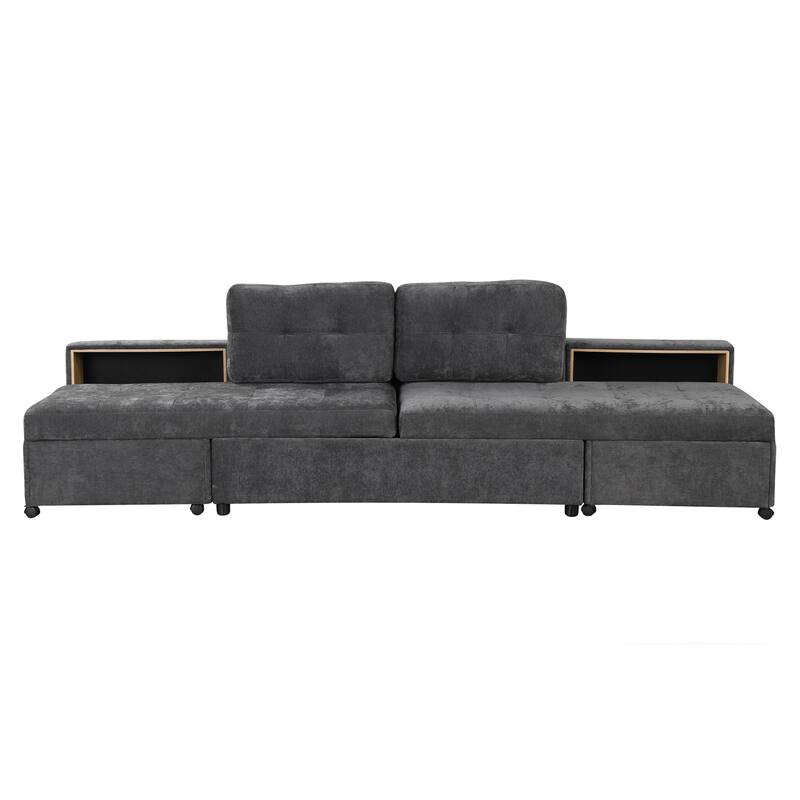 121.2" Chenille Modular Sofa Bed with Two Storage Racks, Free-Combined Design, and Smooth-Rolling Wheels
