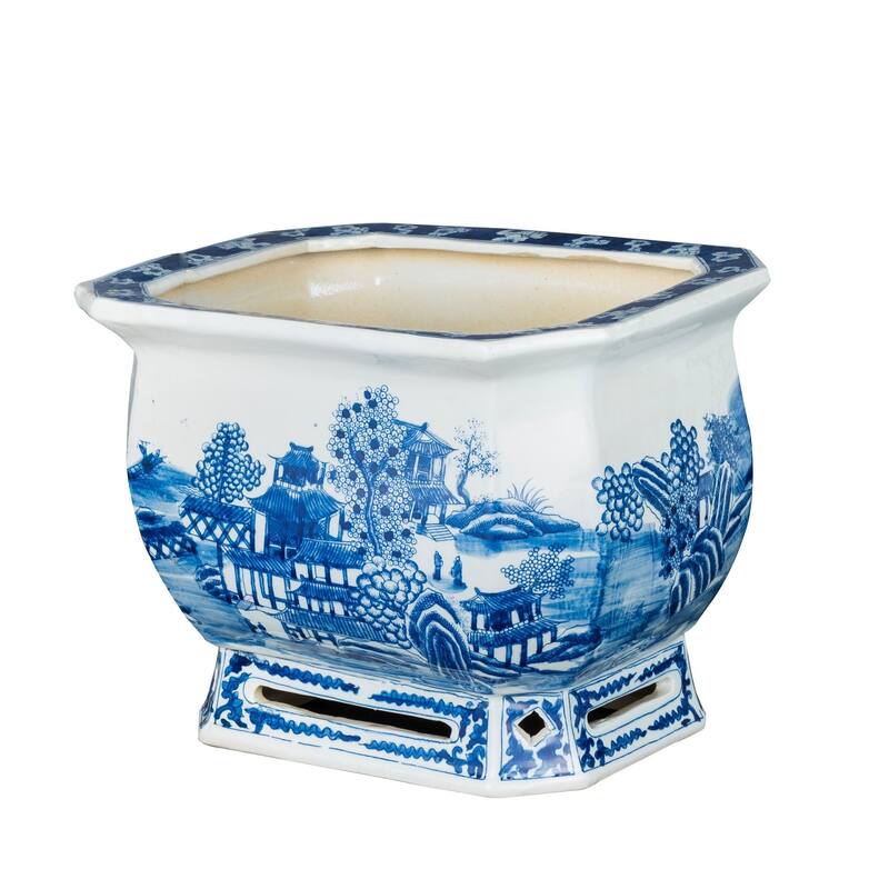 Blue And White Porcelain Landscape Foot Bath - 14x11.5x11