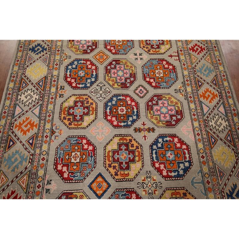 Geometric Kazak Area Rug Living Room Handmade Wool Carpet - 5'7" x 7'10"