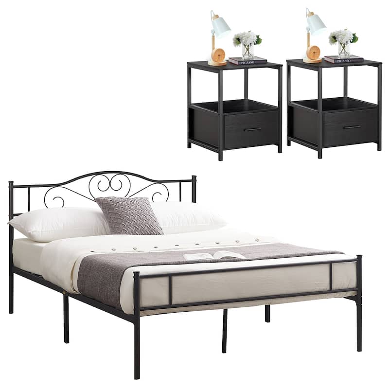 VECELO Industrial 3-Piece Bedroom Set Black Platform Bed Frame and Modern Nightstand Set of 2