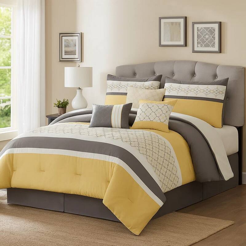 Quatrefoil Print Queen Size 7 Piece Fabric Comforter Set, Yellow and Gray