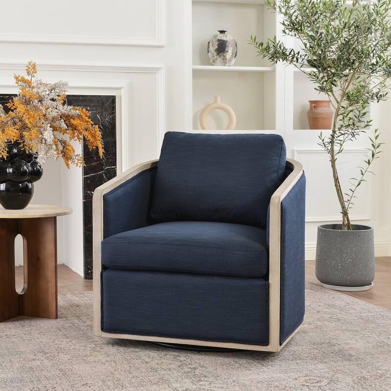 KINWELL 31"W Oak Frame Upholstered Swivel Barrel Armchair