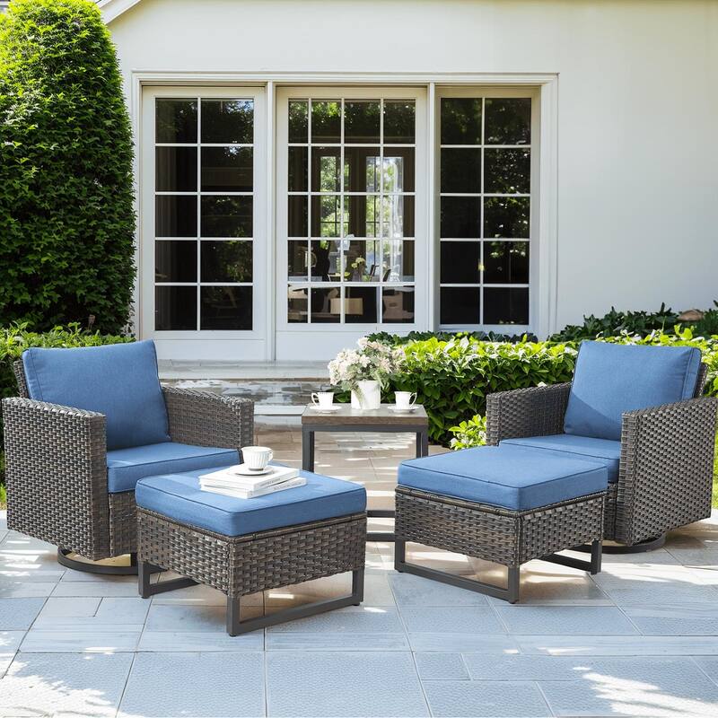 5 Pieces Pocassy Glider Chairs Ottomans with Side Table - Brown Wicker Blue cushion - Blue cushion