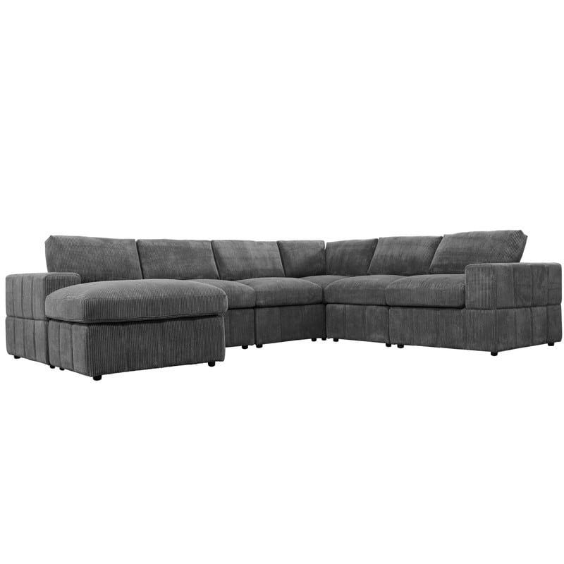 Corduroy Modular Sectional Sofa with Ottoman, Deep Seat L-Shaped Couch for Living Room, Dark Gray