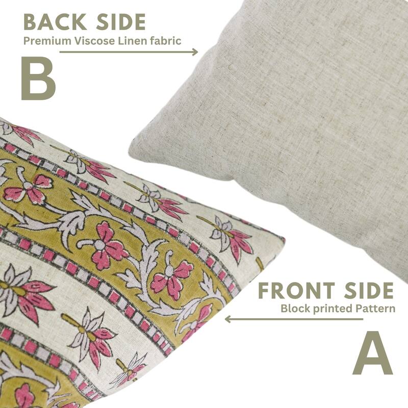 Fabdivine Viscose Linen Floral Block Print 18x18 Inches Pillow Cover for Eco Style Fall Home Decor Pink Cushioncase, Laxmi