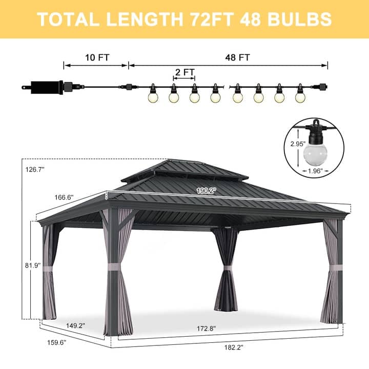 PURPLE LEAF Outdoor Galvanized Steel Hardtop Gazebo, Aluminum Frame Gazebo With Curtains