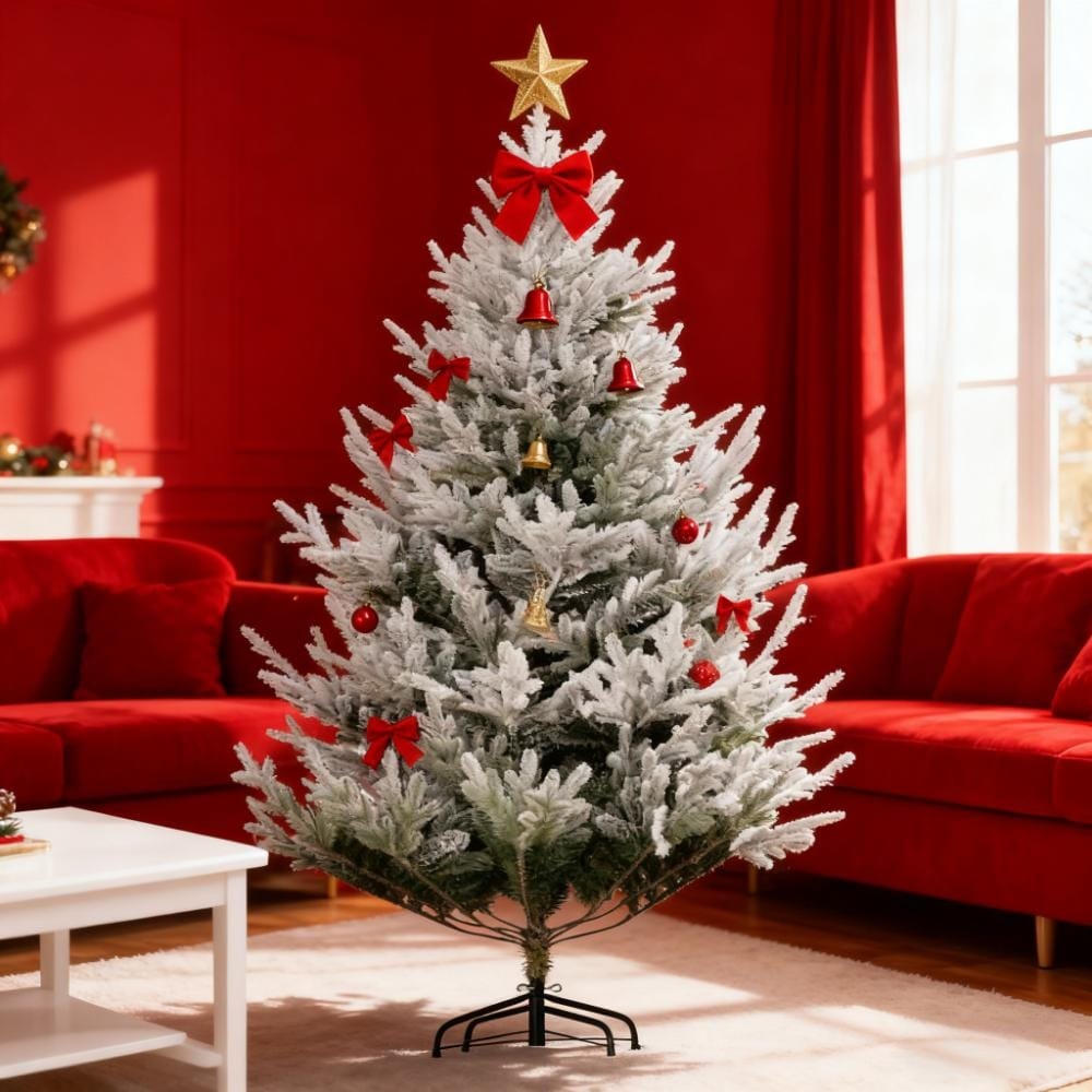 Flocked Hinged Xmas Tree, Artificial Christmas Tree with 795 Tips, Steel Base, Auto Open - Green