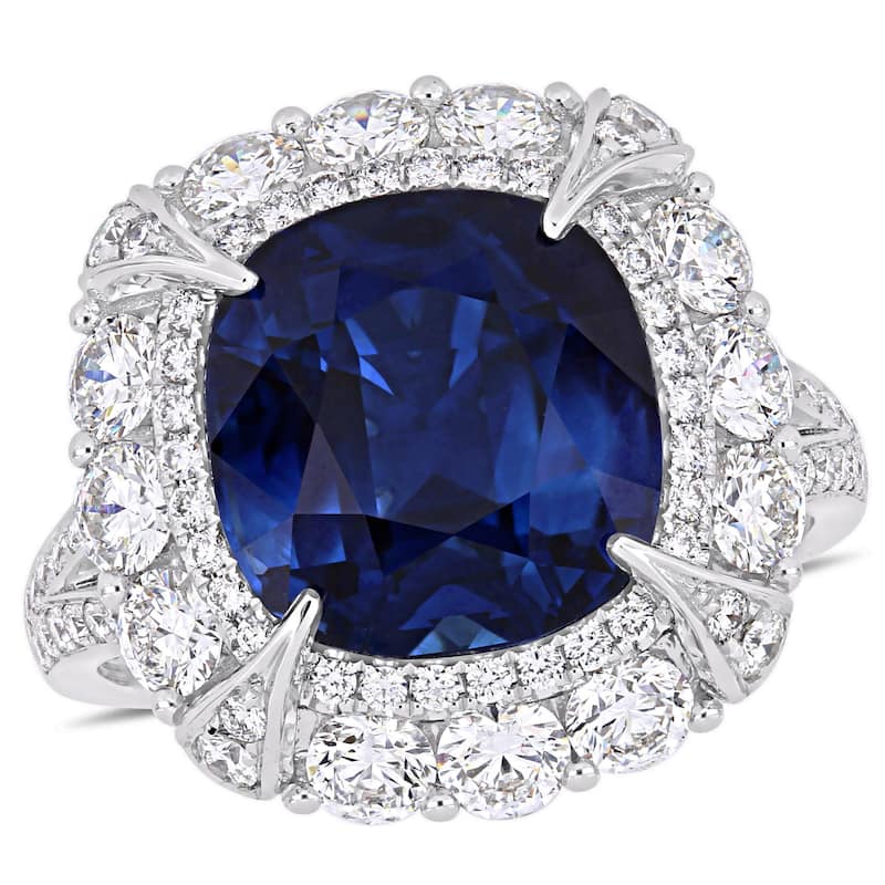 Miadora 7 1/10ct TGW Cushion-Cut Sapphire & 1 3/4ct TDW Diamond Halo Cocktail Ring in 14k White Gold