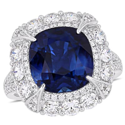 Miadora 7 1/10ct TGW Cushion-Cut Sapphire & 1 3/4ct TDW Diamond Halo Cocktail Ring in 14k White Gold