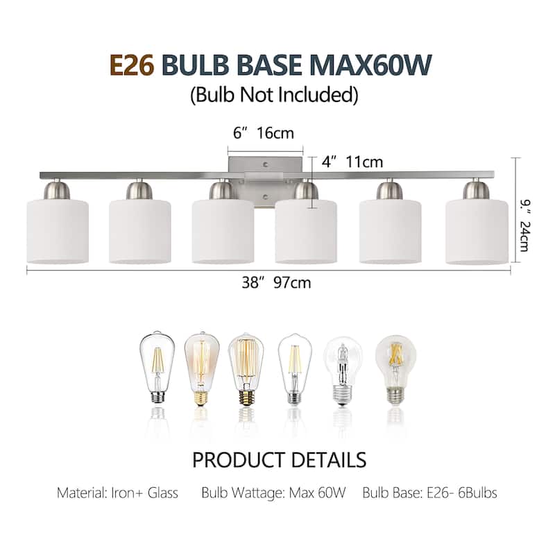 38" 6-Light Nickel Bathroom Vanity - Milky Glass - Wall Sconce for Bedroom
