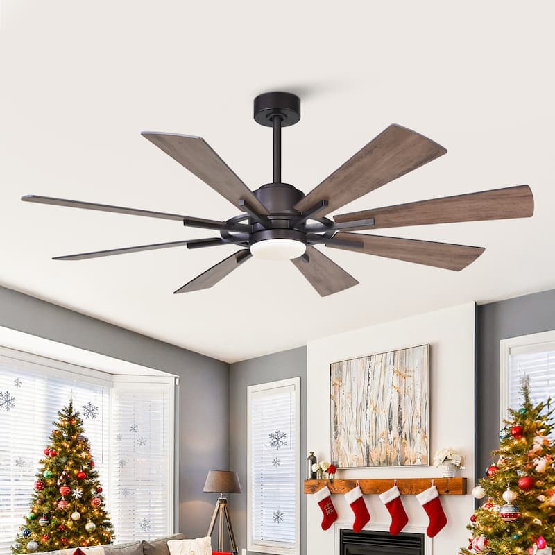 60" Farmhouse Walnut Wood 8-Blade LED Ceiling Fan with Remote Control