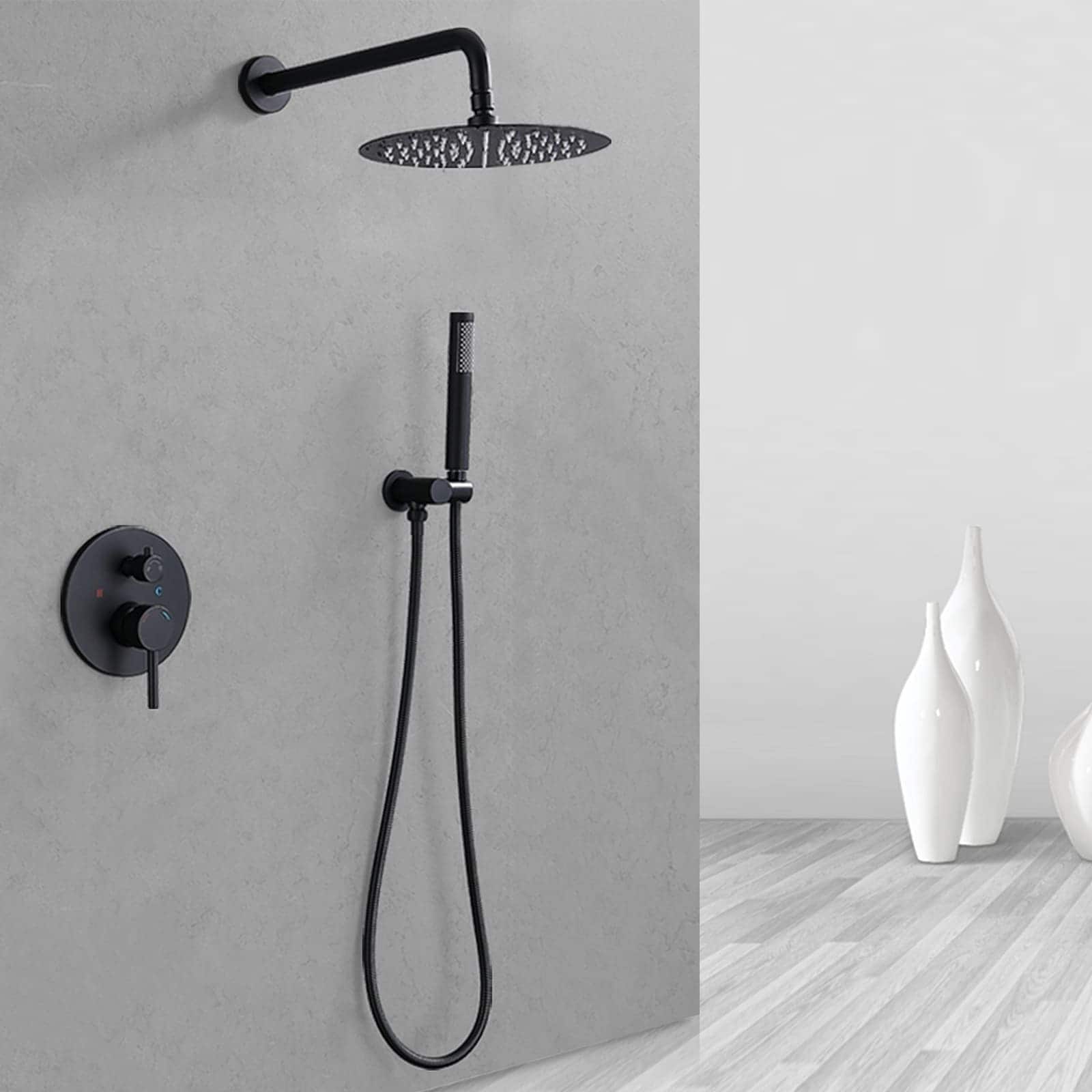 Kurpot Matte Black Shower System – 10" Rainfall Head With Handheld Combo, 59" Hose, Valve & Trim Kit (Wall Mounted)