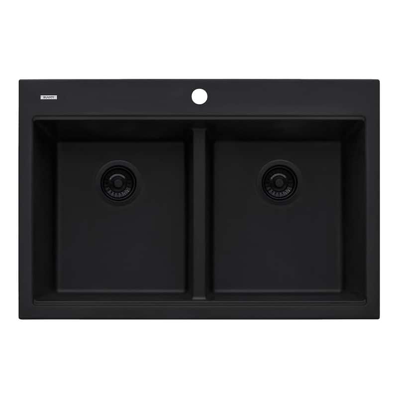 Ruvati 33 x 22 inch epiGranite Drop-in TopMount Granite Composite Double Bowl Low Divide Kitchen Sink - Midnight Black