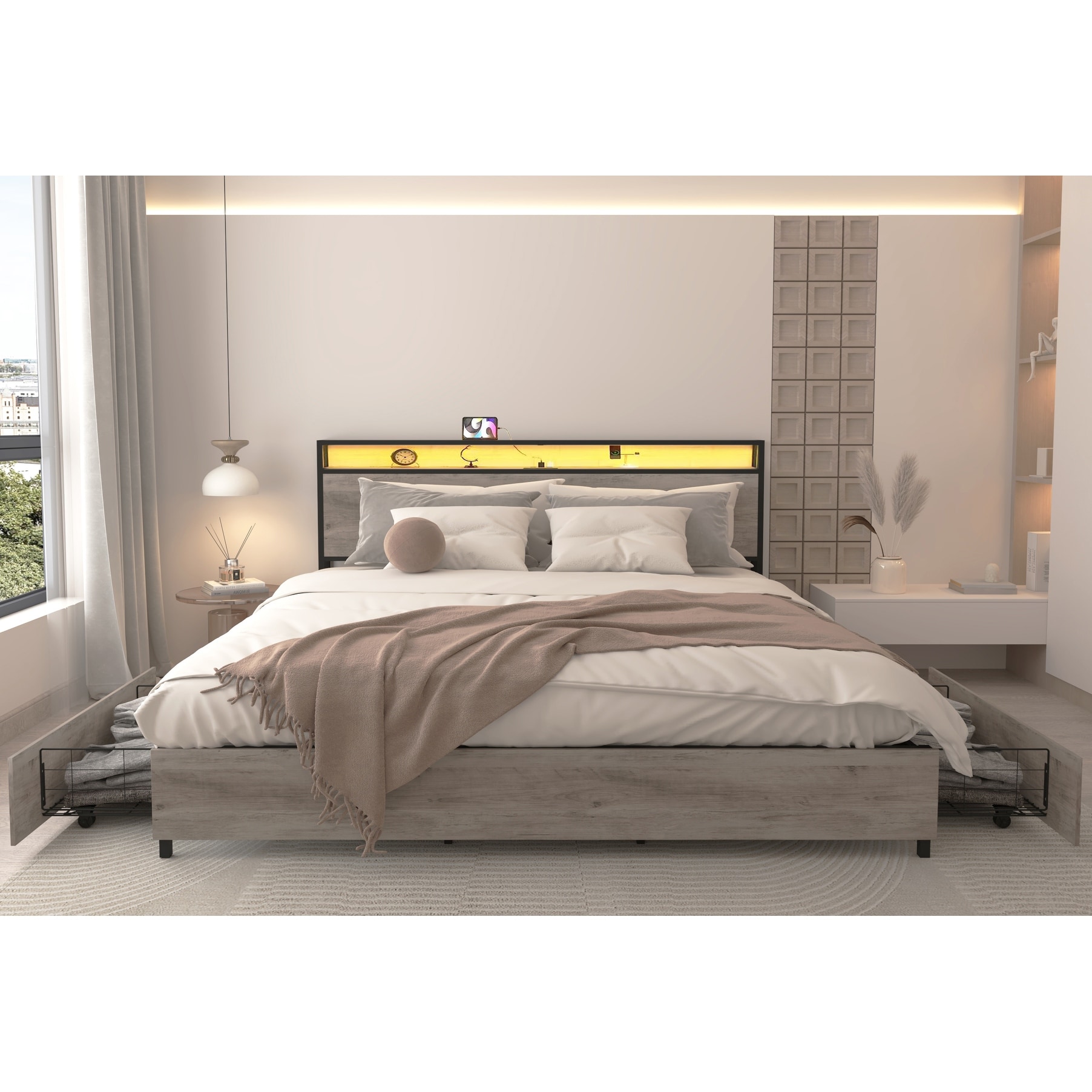 King Size Platform Bed with LED Lights, Storage Headboard with USB Ports & Outlets, 4 Drawers, No Box Spring Required