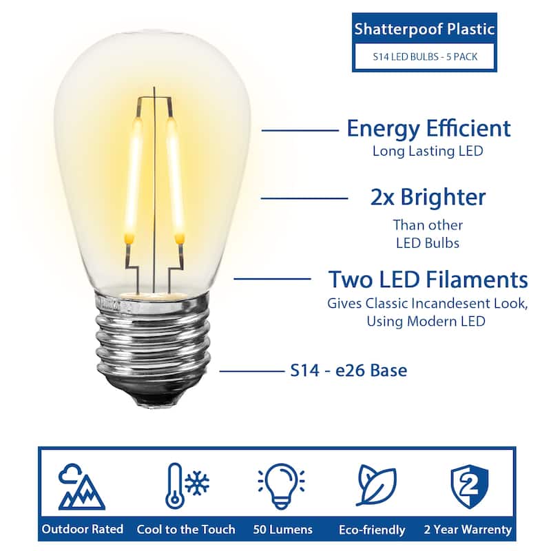 25 Pack LED S14 Outdoor Patio Edison Replacement Bulbs, 2 Filament Warm White, E26 Base