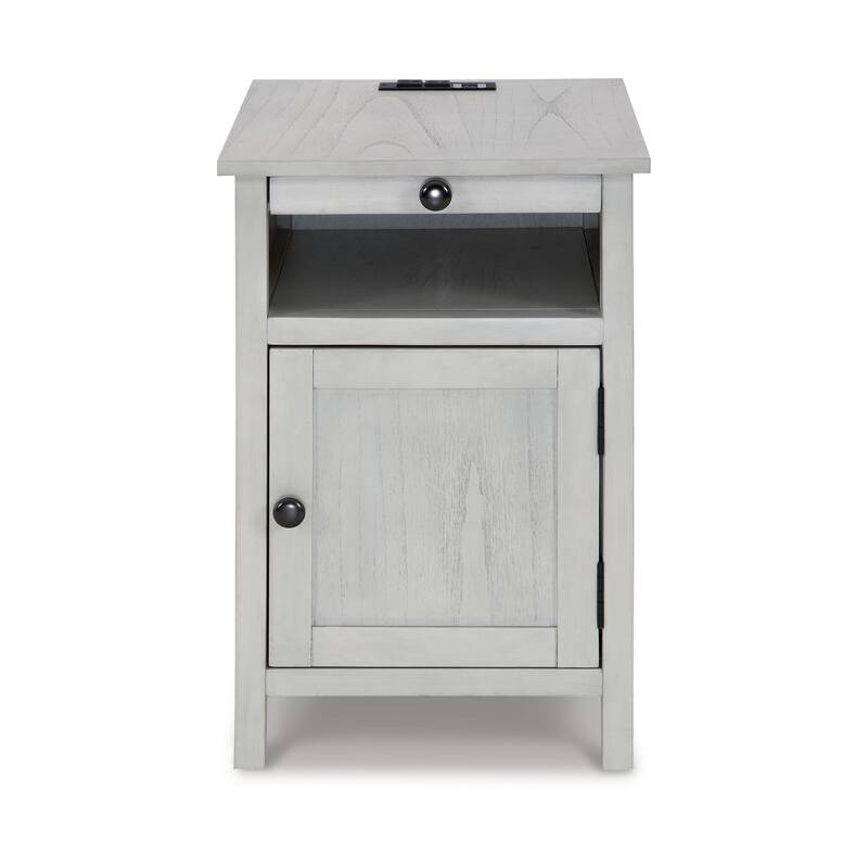 Gena Side End Table, Shelf and Pull Out Tray, White Solid Wood 24 Inch