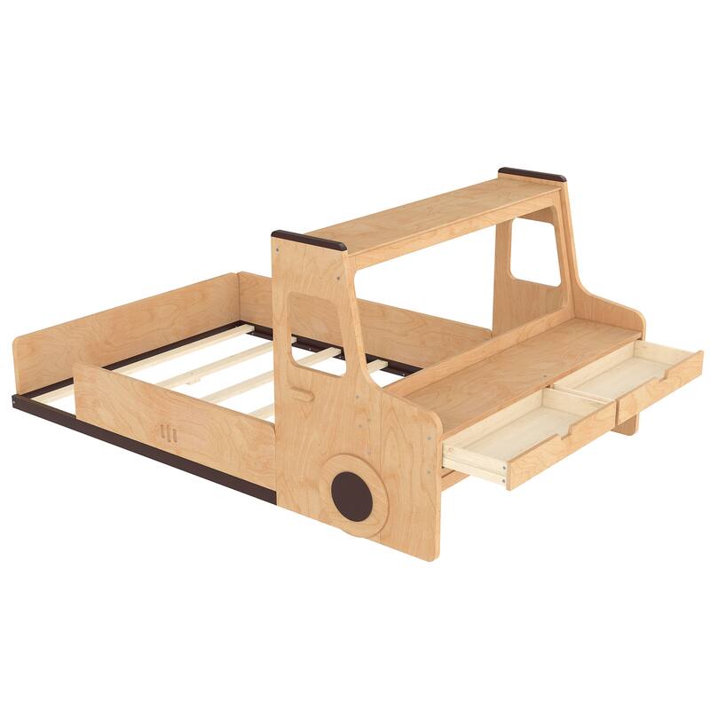Roomfitters Full Size Car Shaped Floor Bed with Storage Drawers and Built-in Desk, Wood Frame
