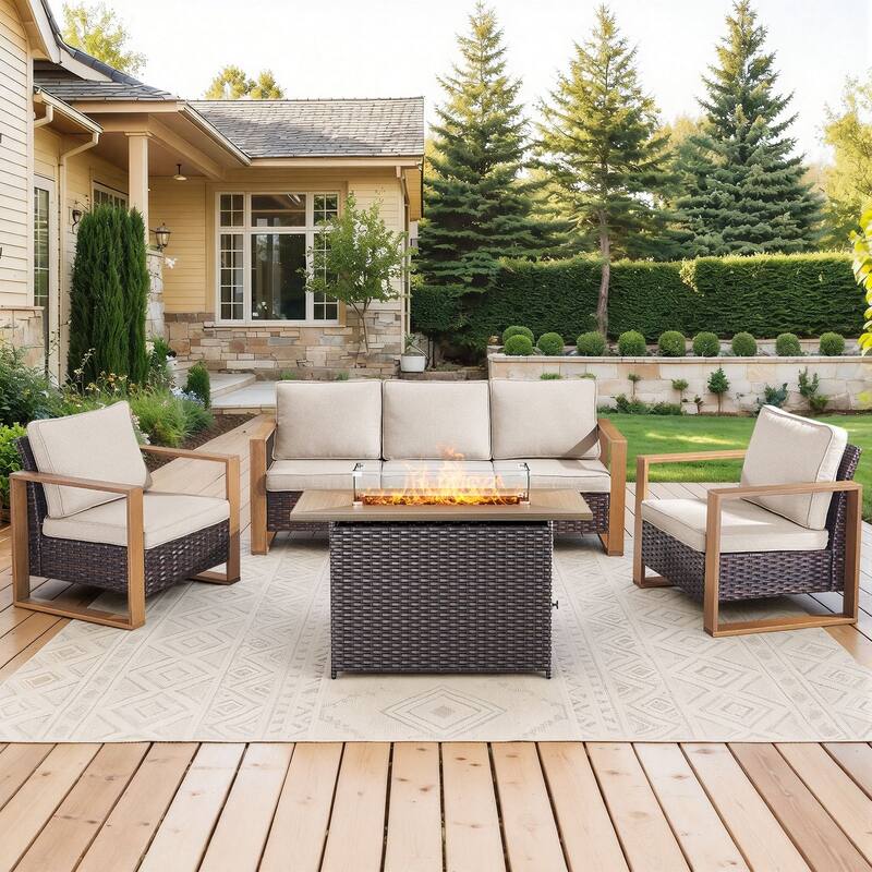 Meyreso Wicker Patio Conversation Set with Fire Pit Table & Olefin Cushions