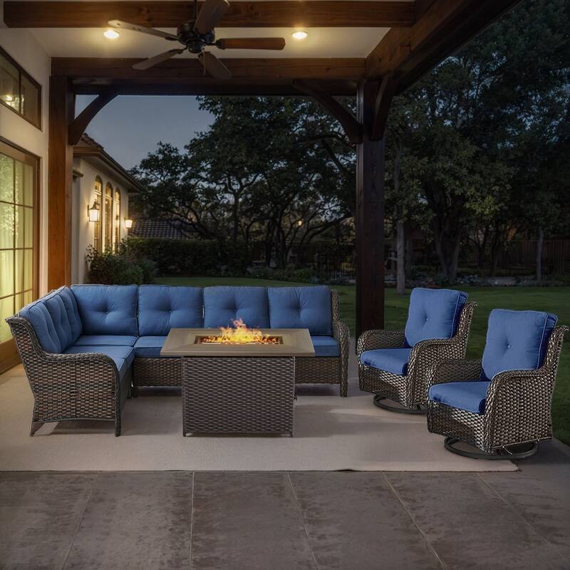 Gymojoy 4-Piece Outdoor Wicker Patio Furniture with Fire Pit and L-shaped Sectional Sofa, Coversation Set with Thick Cushions