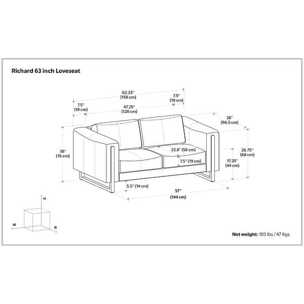 dimension image slide 1 of 2, WYNDENHALL Hillcrest Modern, Contemporary 62 inch Wide Sofa in Genuine Leather