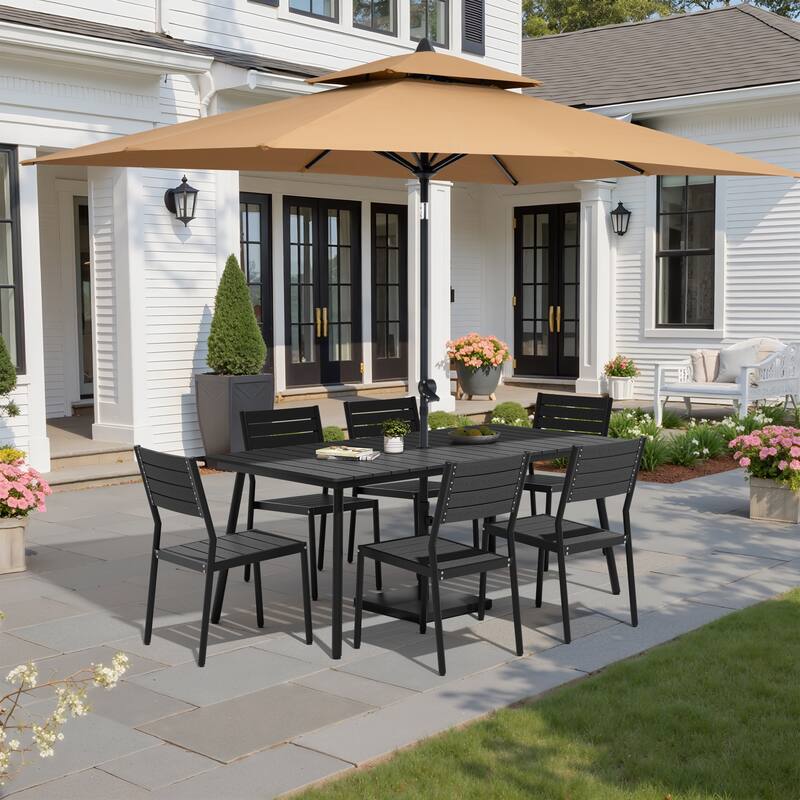9-Piece Patio Dining Set Aluminum Dining Table and Stackable Chairs with Umbrella and Base