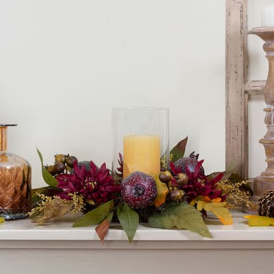 15" Fall Apple Berry Glass Hurricane Pillar Candle Holder Centerpiece