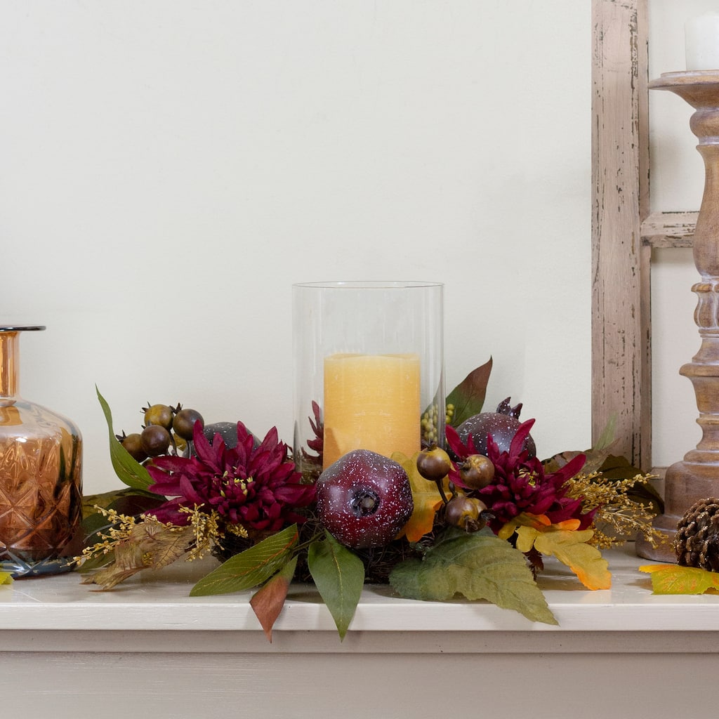 15" Fall Apple Berry Glass Hurricane Pillar Candle Holder Centerpiece