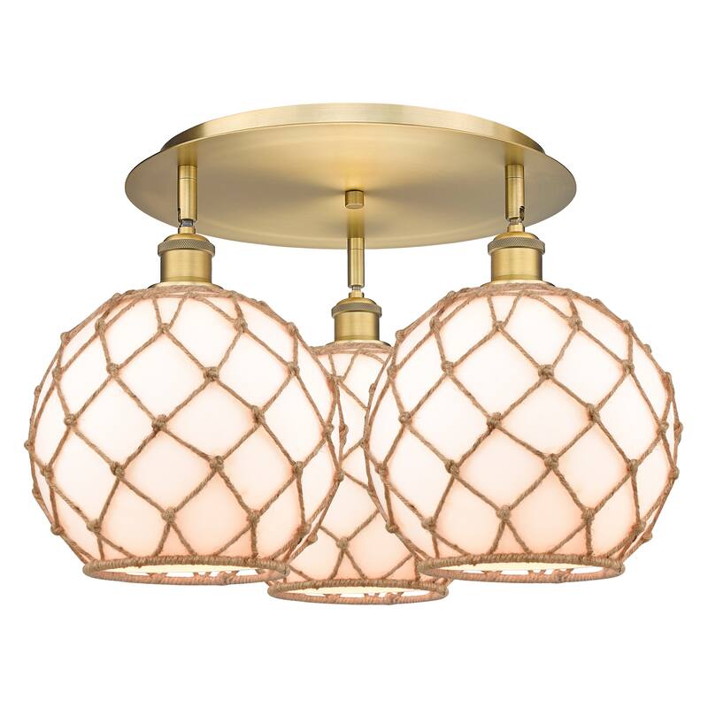 Innovations Lighting 516-3C-14-22 Farmhouse Rope Semi-Flush Farmhouse - Brushed Brass / White Glass with Brown Rope