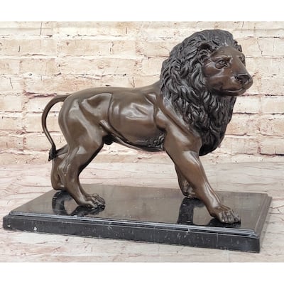 J. Moigniez Bronze Guardian Lion Statue Sculpture Figure On Marble Base 11 Inches X 14 Inches
