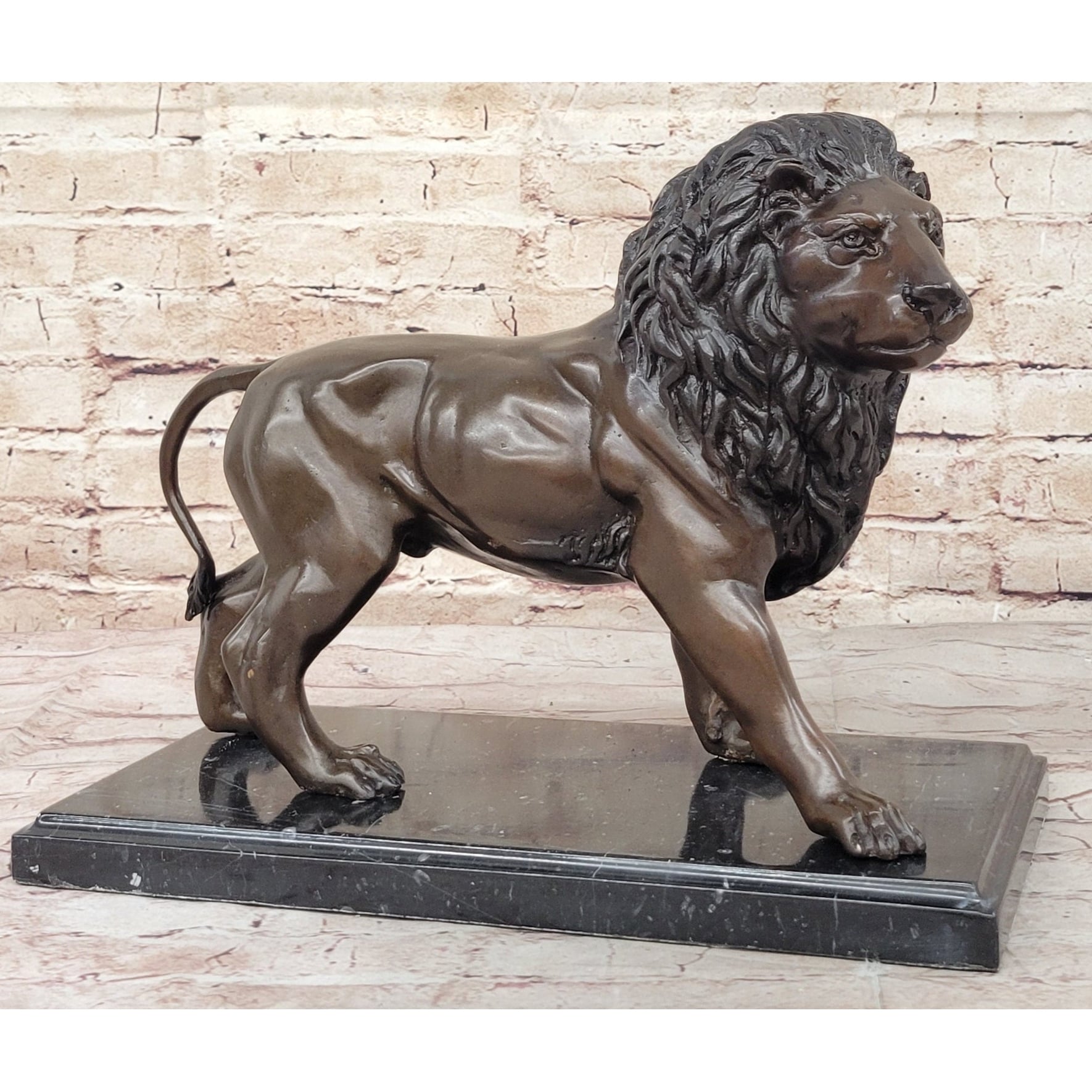 J. Moigniez Bronze Guardian Lion Statue Sculpture Figure On Marble Base 11 Inches X 14 Inches