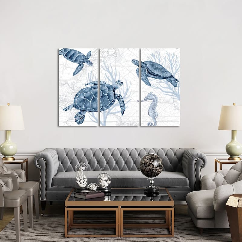 iCanvas "Deep Blue Sea II On White" by Tara Reed 3-Piece Canvas Wall Art Set - 40x60x1.5