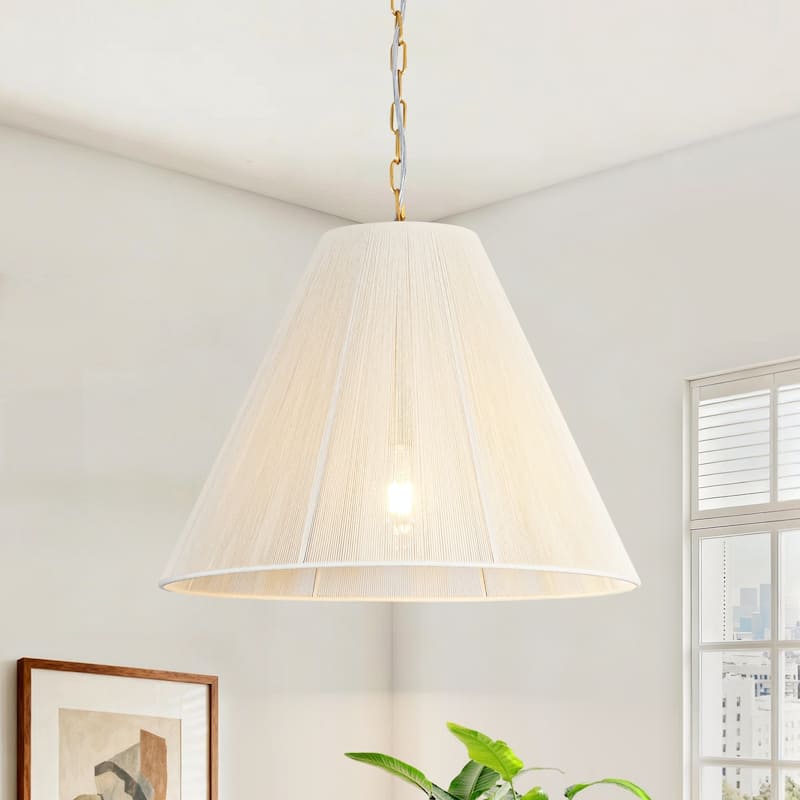 1-Light Brushed Gold Transitional Fabric Shade Cone Pendant Light with Adjustable Chain for Living & Dining Rooms - 20.1 in. W x 15.7 in. H - Gold