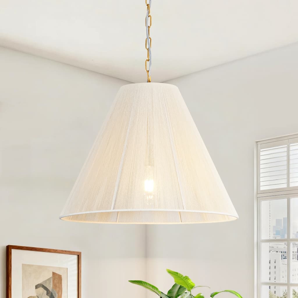 1-Light Brushed Gold Transitional Fabric Shade Cone Pendant Light with Adjustable Chain for Living & Dining Rooms