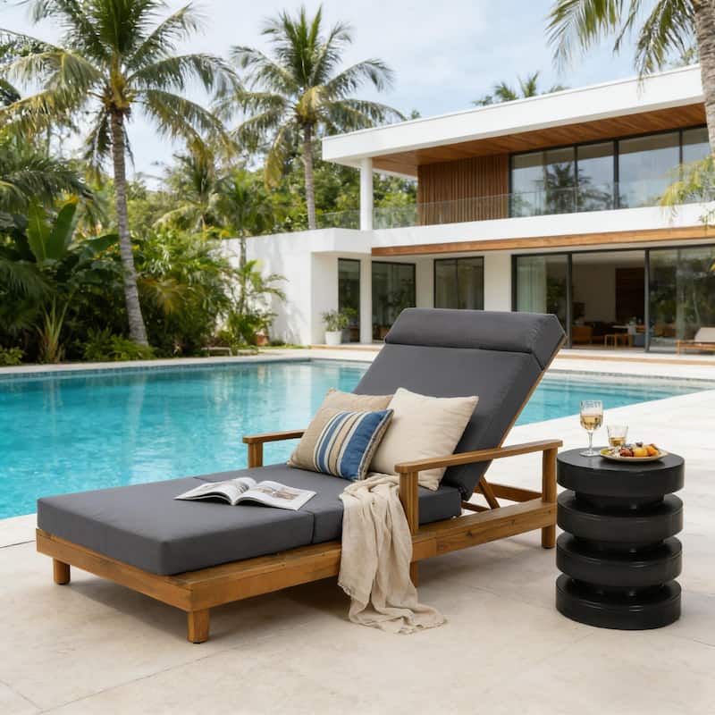 Christopher Knight Home - Modern Indoor/Outdoor Acacia Wood 4-Fold Adjustable Chaise Lounge with Water-Resistant Cushion - Dark Gray+Teak Finish