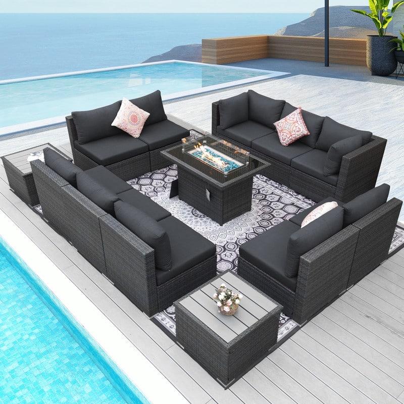 FINCATI Patio Outdoor Wicker Furniture Set Sectional Sofa with Firepit - DARK GRAY