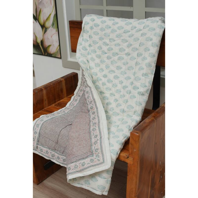 Fabdivine Hand Block Print Luxurious Cotton Quilt - Floral Patterned Umbrella, Reversible Artisan Bedspread for Bedroom Décor