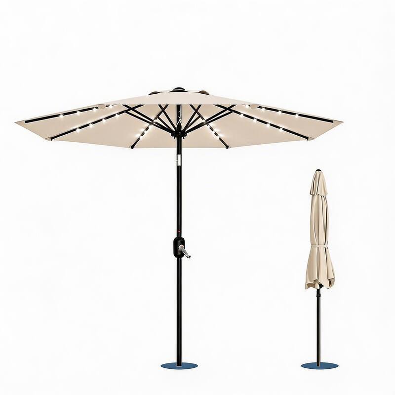 9 ft Patio Umbrella, 8 Sturdy Ribs, with Lights - Beige