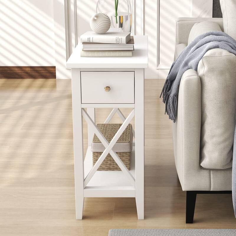 2-Drawer End Table, Flip Top Narrow End Table with Drawer, Accent Small Side Table Nightstand for Small Space