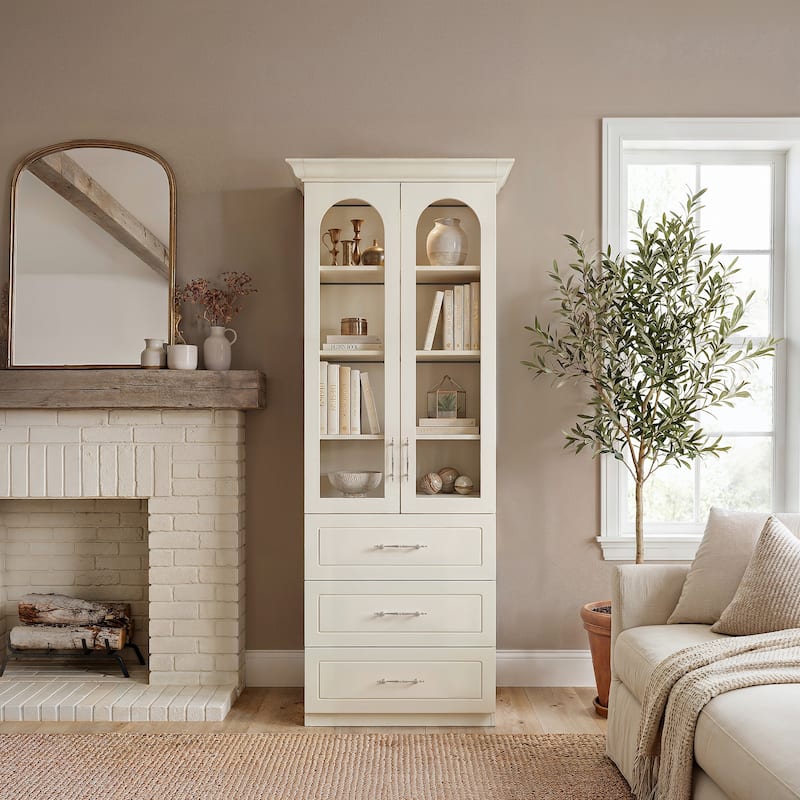 Modular Bookcase with LED Lights, Glass Door Storage Cabinet with Drawers, Large Display Shelving Unit Sideboard