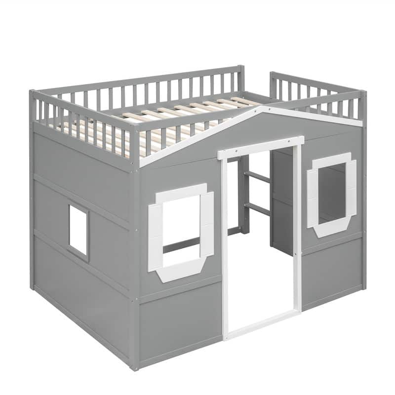 Solid Wood House Loft Bed with Window Design and Ladder, Twin/Full Size Playhouse Bed Loft Bed Frame with Guardrail for Kids