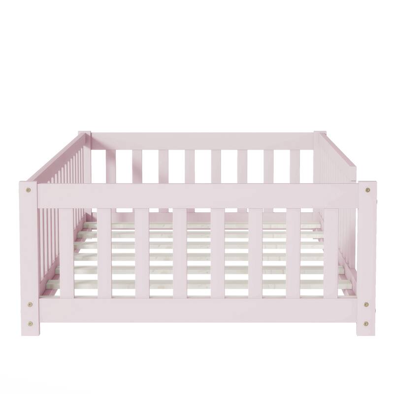 Twin Size Floor Bed with Fence without Door, Rubber Wood Floor Bed with Safety Guardrails