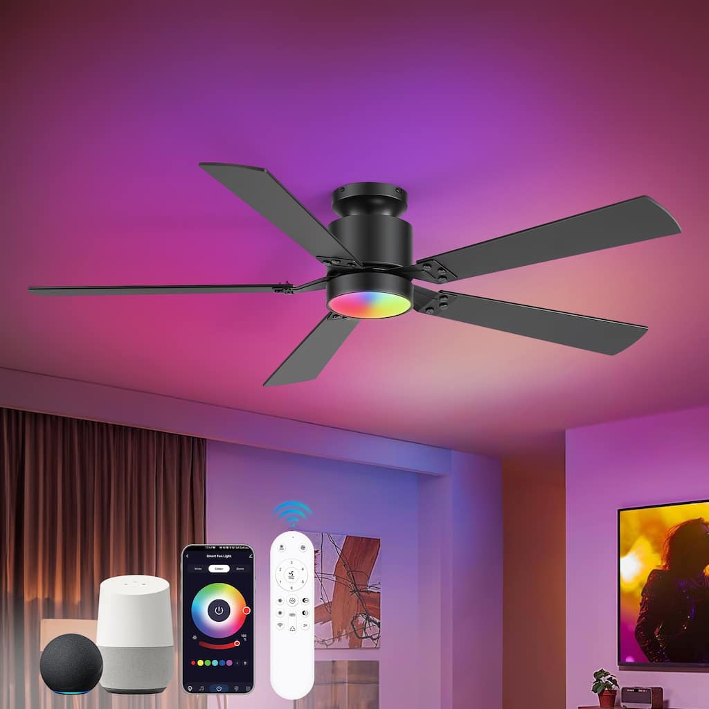 52-Inch Matte Black Flush Mount Ceiling Fan with RGB LED Light and Voice Control((5 Reversible Blades)