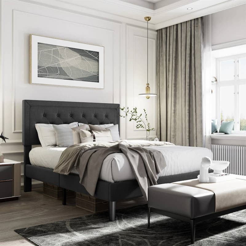 Modern Linen Upholstered Platform Bed with Tufted Button Headboard and Wood Slat Support