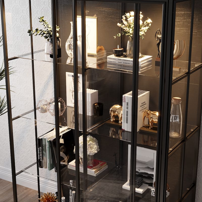 Modern Glass Curio Display Cabinet 4 Tier Display Case With lights & Doors