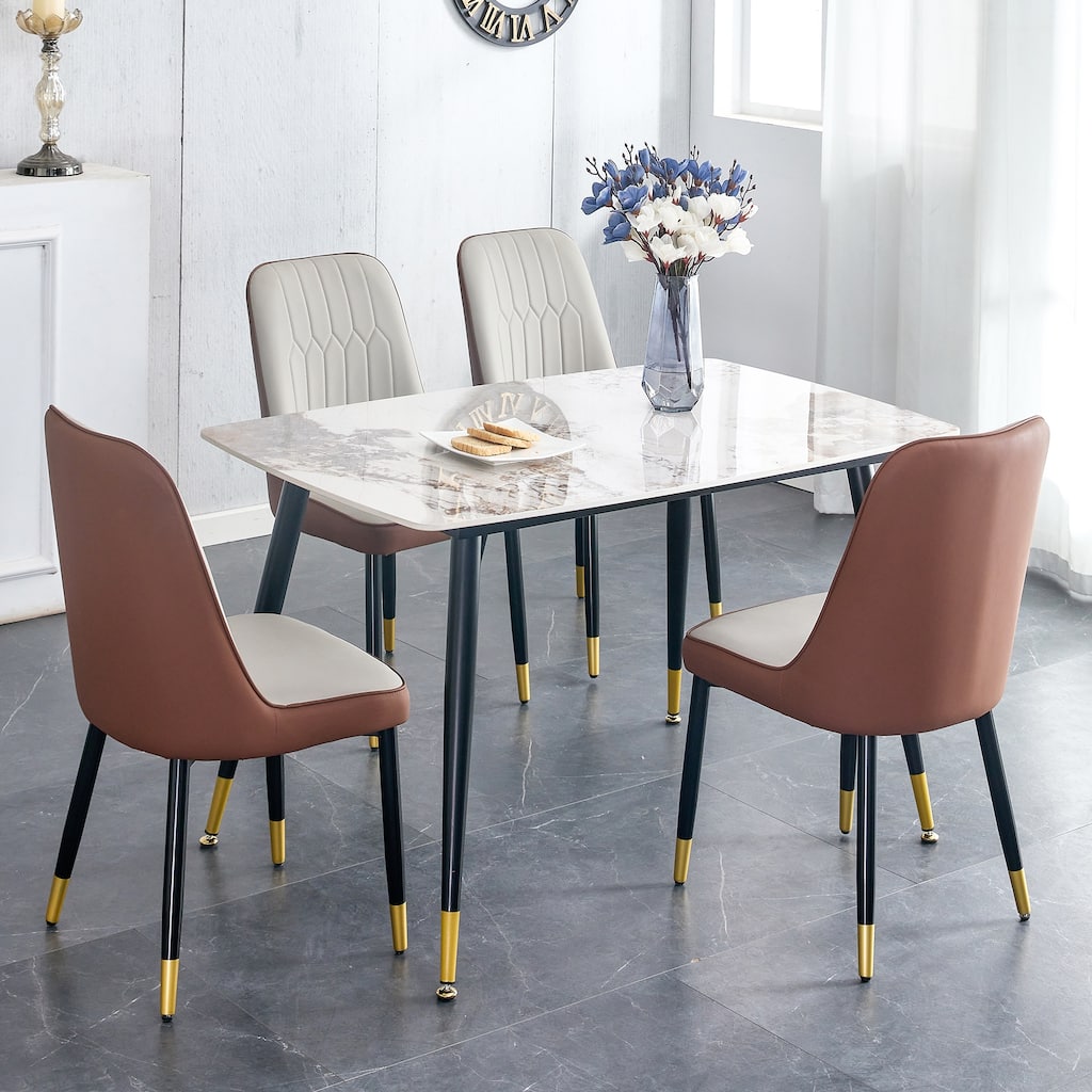 4 Person Dining Table Set, Sintered Stone Dining Table Set for 4, 5-Piece Kitchen Table Chairs Set with 4 Faux Leather Chairs
