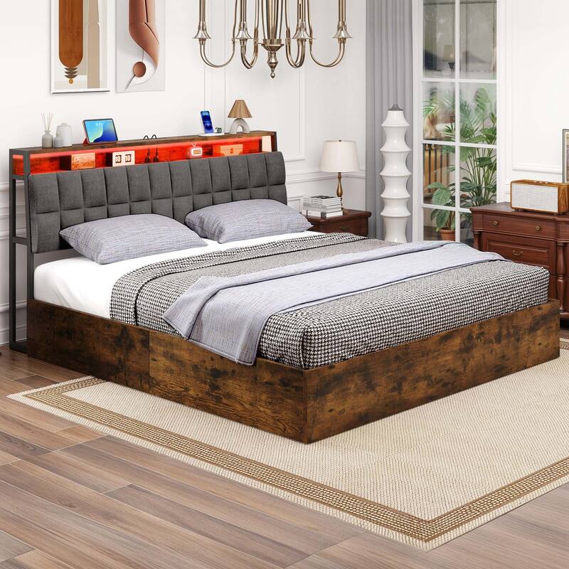 Moasis Lift-Up Storage Bed Frame with Charging Station & Storage Headboard
