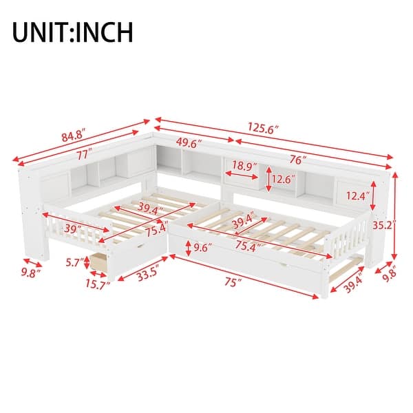 dimension image slide 2 of 3, L-Shaped Twin Platform Bed with Trundle, Solid Wood Frame, Built-In Drawers & Shelves, No Box Spring Needed