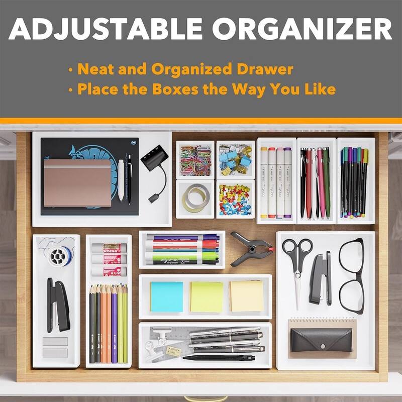 14-Piece Bamboo Drawer Organizer Storage Boxes Set, Wood Tray Junk Drawer Organizers Multi-Use Divider Bins
