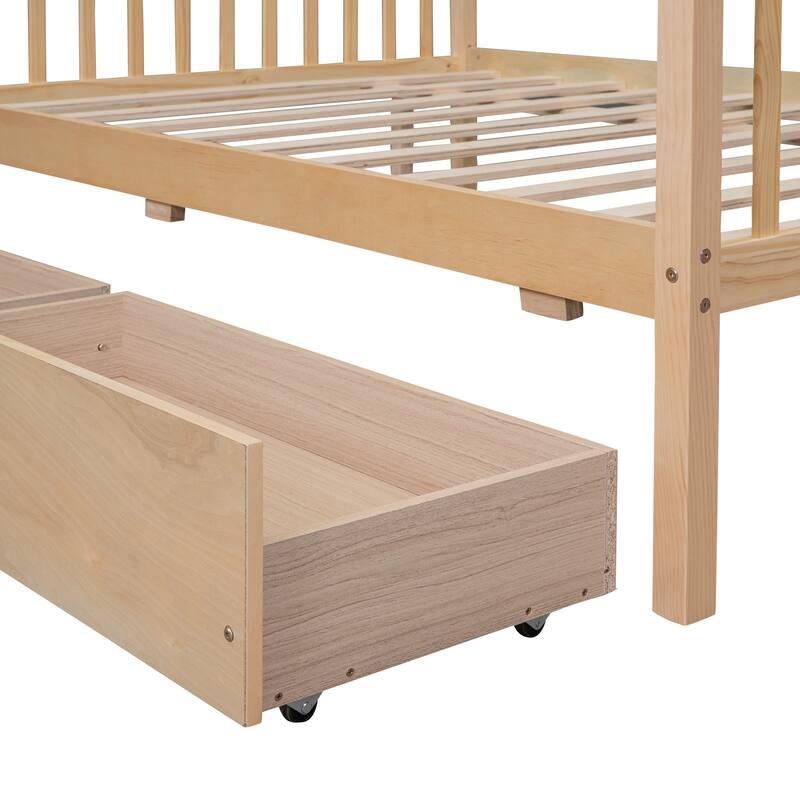 Kids Playhouse Bed Platform Bed with 2 Drawers and Roof, Sturdy Wooden Daybed for Kids, Easy Assembly, No Box Spring Needed
